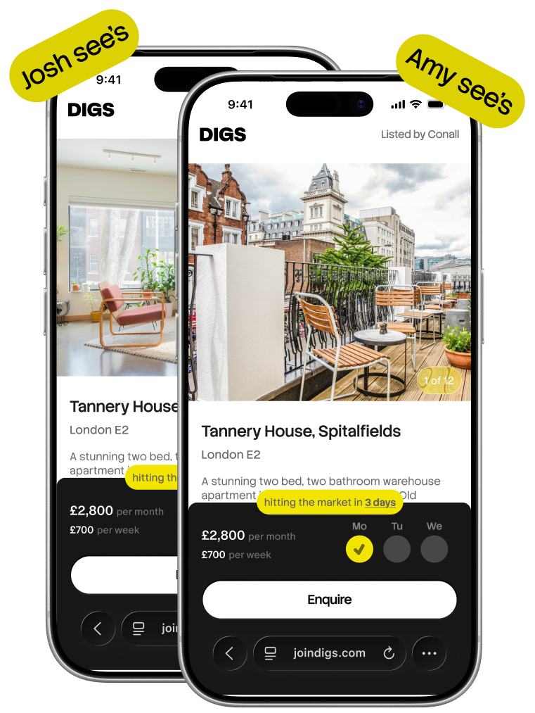 Two listing phones showing personalised views for Josh and Amy